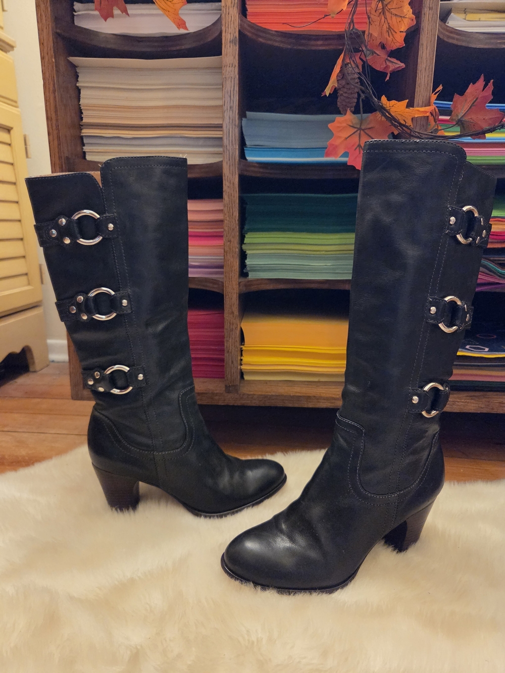Frye Black Leather Mid-Calf Buckle Heeled Boots